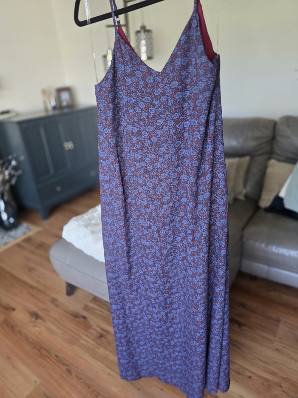 V-Neck Maxi Slip Dress in Blue Floral on Burgundy